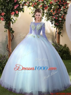 Traditional Big Puffy Long Sleeves Floor Length Appliques Lace Up Sweet 16 Dresses with Light Blue