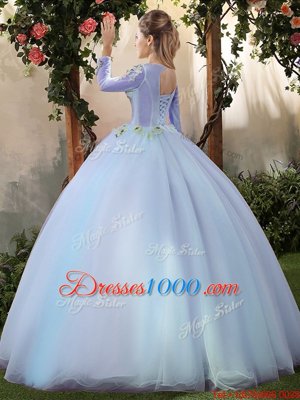 Traditional Big Puffy Long Sleeves Floor Length Appliques Lace Up Sweet 16 Dresses with Light Blue