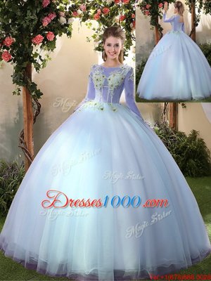 Traditional Big Puffy Long Sleeves Floor Length Appliques Lace Up Sweet 16 Dresses with Light Blue