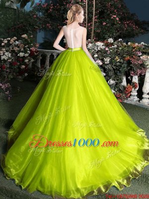 Latest Scoop A-line Sleeveless Yellow Green Quince Ball Gowns Court Train Lace Up