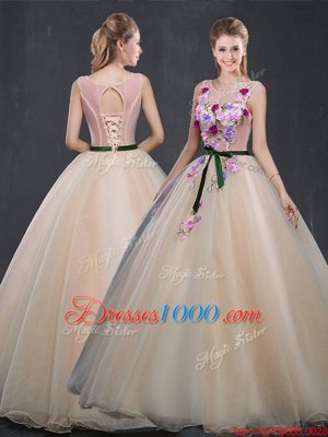 Designer Scoop Organza Sleeveless Floor Length Sweet 16 Dresses and Appliques