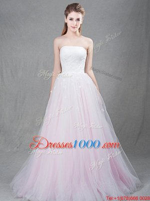 Enchanting Pink Sleeveless Brush Train Appliques With Train Bridal Gown