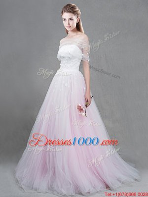 Enchanting Pink Sleeveless Brush Train Appliques With Train Bridal Gown