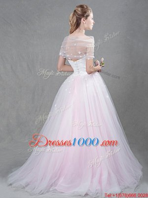 Enchanting Pink Sleeveless Brush Train Appliques With Train Bridal Gown