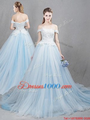 Off the Shoulder Sleeveless Chapel Train Appliques Lace Up Bridal Gown