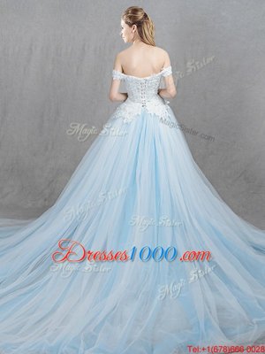 Off the Shoulder Sleeveless Chapel Train Appliques Lace Up Bridal Gown