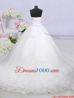 Fine White Sweetheart Lace Up Beading and Lace Wedding Dresses Court Train Sleeveless