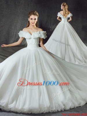 Colorful Backless Court Train Ball Gowns Wedding Dresses White Off The Shoulder Tulle Sleeveless With Train Lace Up