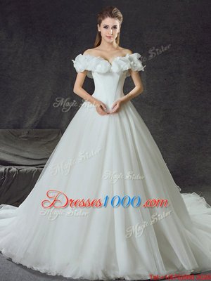 Colorful Backless Court Train Ball Gowns Wedding Dresses White Off The Shoulder Tulle Sleeveless With Train Lace Up