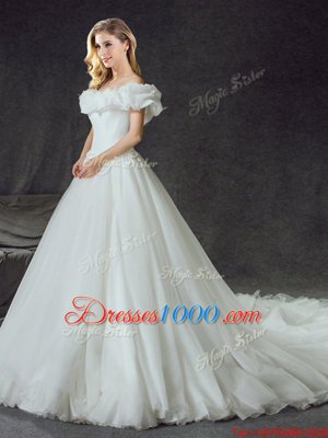 Colorful Backless Court Train Ball Gowns Wedding Dresses White Off The Shoulder Tulle Sleeveless With Train Lace Up