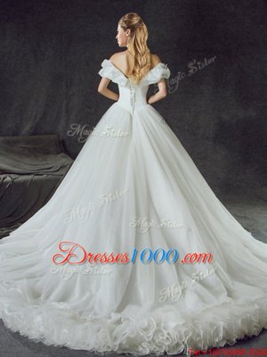 Colorful Backless Court Train Ball Gowns Wedding Dresses White Off The Shoulder Tulle Sleeveless With Train Lace Up