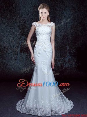 White Mermaid Scoop Cap Sleeves Tulle With Brush Train Lace Up Lace Wedding Gowns