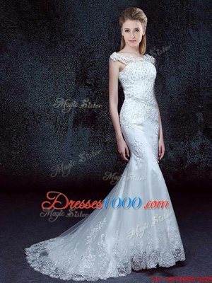 White Mermaid Scoop Cap Sleeves Tulle With Brush Train Lace Up Lace Wedding Gowns