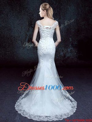 White Mermaid Scoop Cap Sleeves Tulle With Brush Train Lace Up Lace Wedding Gowns