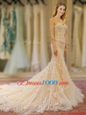 On Sale Mermaid Champagne Wedding Dress Wedding Party and For with Appliques and Hand Made Flower Sweetheart Sleeveless Court Train Lace Up