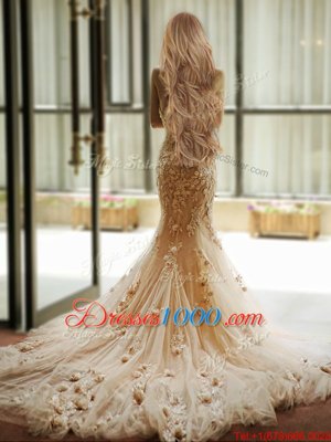 On Sale Mermaid Champagne Wedding Dress Wedding Party and For with Appliques and Hand Made Flower Sweetheart Sleeveless Court Train Lace Up