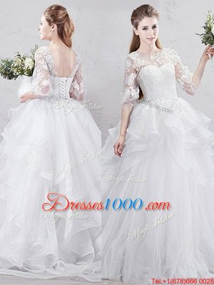 New Style Tulle Scoop Half Sleeves Brush Train Lace Up Lace and Ruffles Wedding Gowns in White