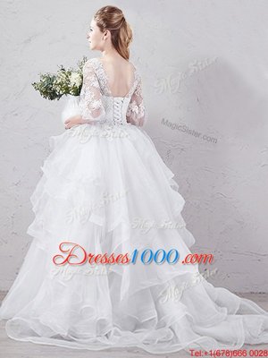 New Style Tulle Scoop Half Sleeves Brush Train Lace Up Lace and Ruffles Wedding Gowns in White