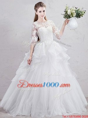 New Style Tulle Scoop Half Sleeves Brush Train Lace Up Lace and Ruffles Wedding Gowns in White