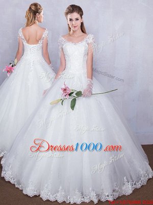 Lovely White Ball Gowns Lace Wedding Gown Lace Up Tulle Short Sleeves Floor Length