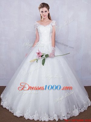 Lovely White Ball Gowns Lace Wedding Gown Lace Up Tulle Short Sleeves Floor Length