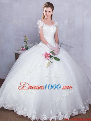 Lovely White Ball Gowns Lace Wedding Gown Lace Up Tulle Short Sleeves Floor Length