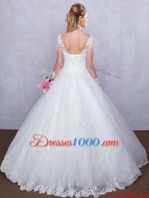 Lovely White Ball Gowns Lace Wedding Gown Lace Up Tulle Short Sleeves Floor Length