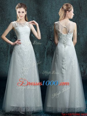 White Lace Up Scoop Appliques Wedding Dress Tulle and Lace Sleeveless