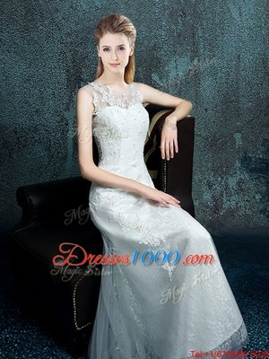 White Lace Up Scoop Appliques Wedding Dress Tulle and Lace Sleeveless