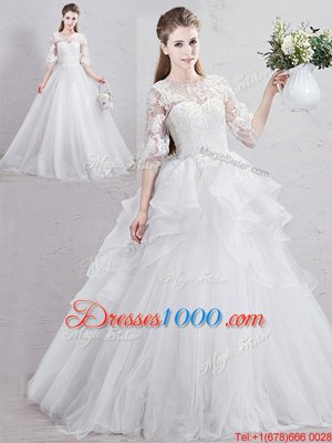 Simple White Bridal Gown Wedding Party and For with Lace and Ruffles Scoop Half Sleeves Brush Train Lace Up