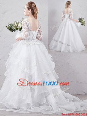 Simple White Bridal Gown Wedding Party and For with Lace and Ruffles Scoop Half Sleeves Brush Train Lace Up