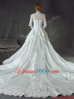 Deluxe Long Sleeves Chapel Train Zipper With Train Lace and Appliques Wedding Gown