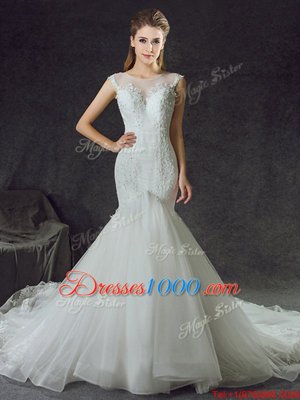 Custom Designed Mermaid Scoop Sleeveless Wedding Dress With Train Court Train Lace and Appliques White Tulle