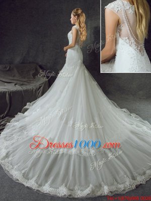 Custom Designed Mermaid Scoop Sleeveless Wedding Dress With Train Court Train Lace and Appliques White Tulle