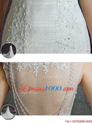 Custom Designed Mermaid Scoop Sleeveless Wedding Dress With Train Court Train Lace and Appliques White Tulle