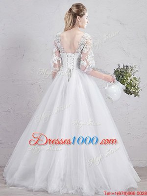 Amazing White Ball Gowns Tulle Scoop Half Sleeves Lace and Appliques Floor Length Lace Up Wedding Gown