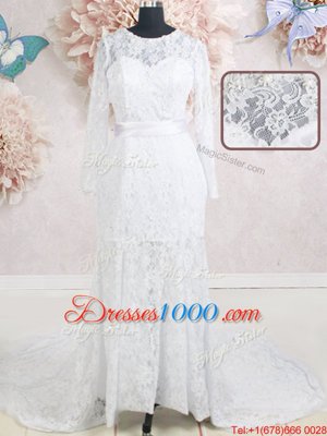 Customized Scoop Lace Long Sleeves Brush Train Zipper With Train Beading and Belt Bridal Gown