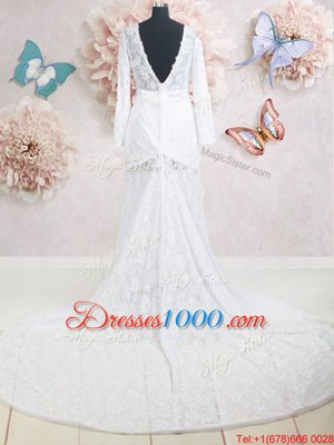 Customized Scoop Lace Long Sleeves Brush Train Zipper With Train Beading and Belt Bridal Gown