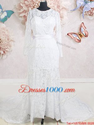 Customized Scoop Lace Long Sleeves Brush Train Zipper With Train Beading and Belt Bridal Gown