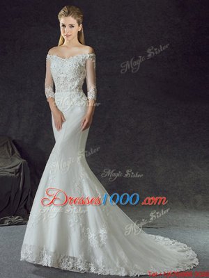 Cheap Mermaid Off the Shoulder White Tulle Lace Up Wedding Dresses Half Sleeves With Brush Train Lace and Appliques