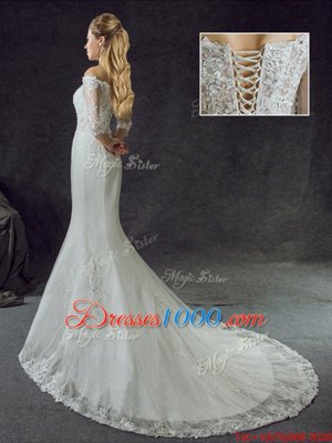 Cheap Mermaid Off the Shoulder White Tulle Lace Up Wedding Dresses Half Sleeves With Brush Train Lace and Appliques