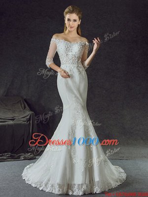 Cheap Mermaid Off the Shoulder White Tulle Lace Up Wedding Dresses Half Sleeves With Brush Train Lace and Appliques