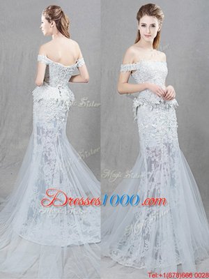 Customized Mermaid White Lace Up Off The Shoulder Lace and Appliques Wedding Dress Tulle Sleeveless Brush Train