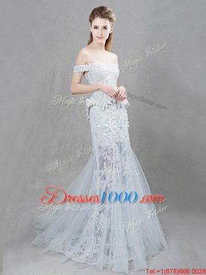 Customized Mermaid White Lace Up Off The Shoulder Lace and Appliques Wedding Dress Tulle Sleeveless Brush Train