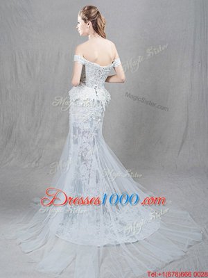 Customized Mermaid White Lace Up Off The Shoulder Lace and Appliques Wedding Dress Tulle Sleeveless Brush Train