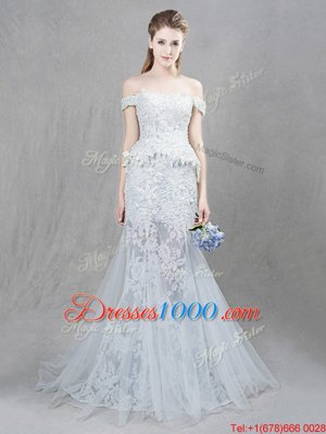 Customized Mermaid White Lace Up Off The Shoulder Lace and Appliques Wedding Dress Tulle Sleeveless Brush Train