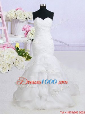 Exquisite Mermaid Ruffled With Train White Wedding Gowns Sweetheart Sleeveless Brush Train Lace Up