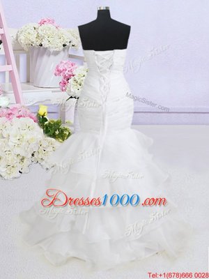 Exquisite Mermaid Ruffled With Train White Wedding Gowns Sweetheart Sleeveless Brush Train Lace Up