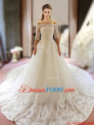 White Zipper Off The Shoulder Lace and Appliques Wedding Dresses Tulle Half Sleeves Chapel Train