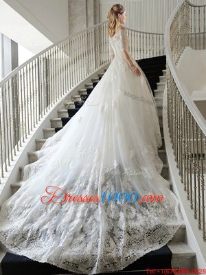 White Zipper Off The Shoulder Lace and Appliques Wedding Dresses Tulle Half Sleeves Chapel Train